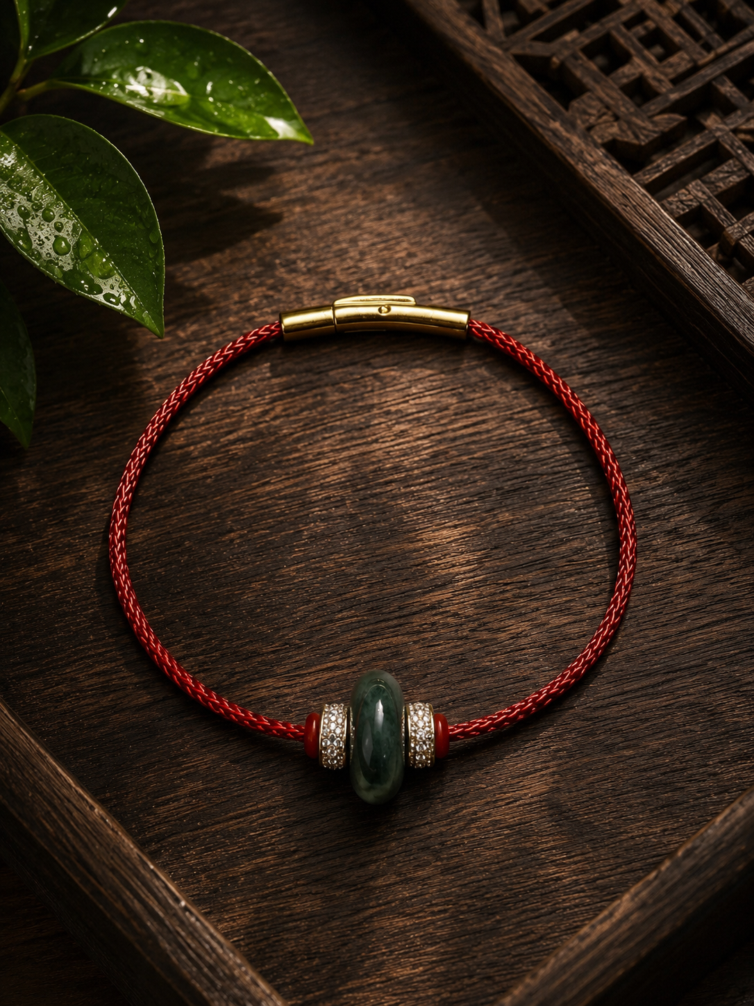 Vòng tay dây đỏ phong thủy kết hợp lu thống phỉ thúy Myanmar thiên nhiên màu xanh đậm cùng phụ kiện ánh kim sang trọng.