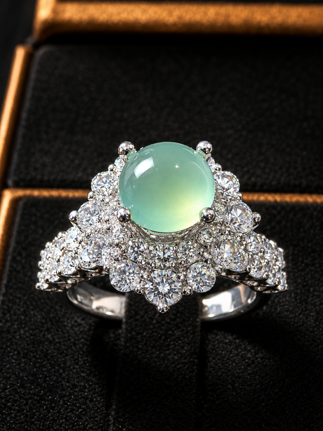 Nhẫn phỉ thúy Jadeite cabochon xanh lục thiên nhiên thiết kế halo đính đá nhiều tầng sang trọng.