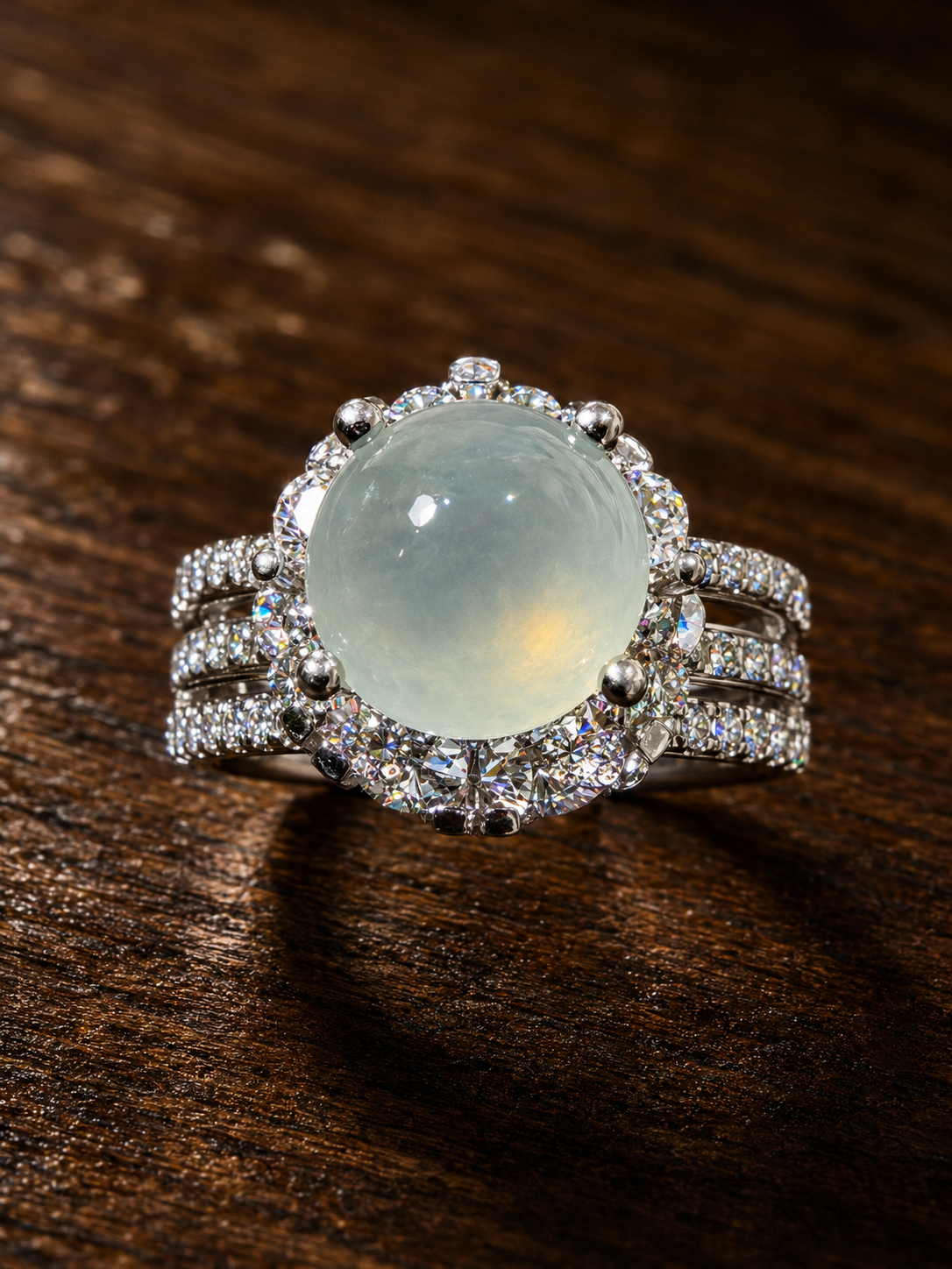 Nhẫn phỉ thúy Jadeite cabochon xanh băng thiên nhiên thiết kế halo và thân nhẫn ba đai đính đá sang trọng.