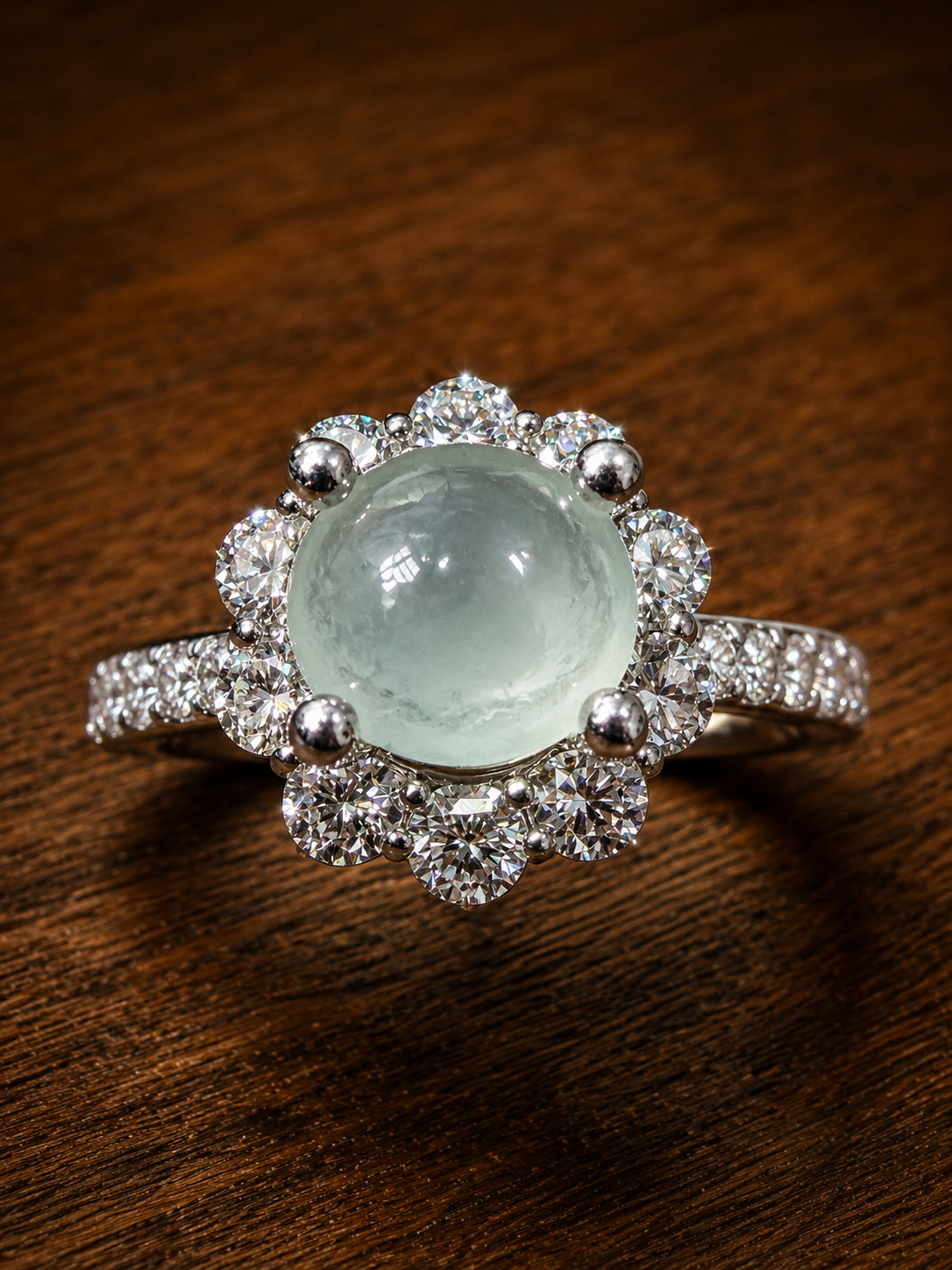 Nhẫn phỉ thúy Jadeite cabochon xanh băng viền đá trắng lấp lánh sang trọng.