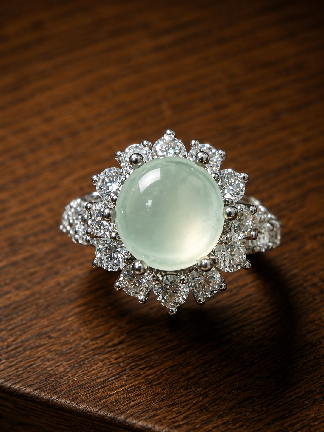 Nhẫn phỉ thúy Myanmar thiên nhiên cabochon màu xanh nhạt, viền đính đá cao cấp với thiết kế sang trọng và tinh xảo.